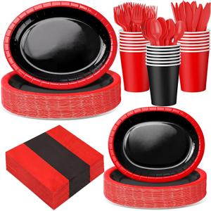 Pajean 350 Pcs Red and Black Party Decorations 12 in Disposable Oval Plates and Napkins Black and Red Heavy Duty Paper Tableware Set for 50 Guests Birthday Baby Shower Wedding Fiesta Party Supplies, 9 oz