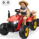 ANPABO 24V Ride On Tractor w/Tiltable & Detachable Trailer, EVA Tires, Up to 4.3Mph, Ride On Toys with Parental Remote, Realistic Tractor Sound & Chimney, Music Player, LED Light, Red