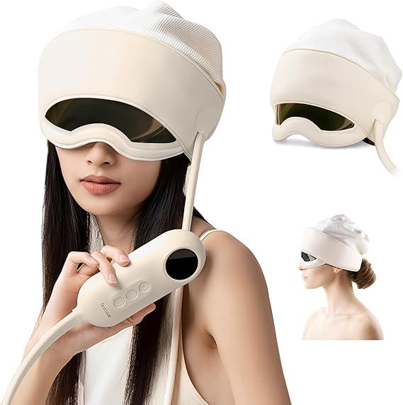 Electric Head Massager for Headaches, Eye Massager with 6-Level Heat, 6-Zone Kneading Temple Massager & Migraine Massager, Rechargeable Head and Eye Massage for Stress Relax, White