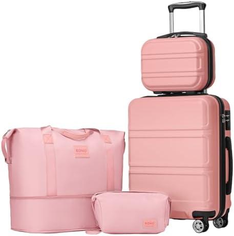 Kono Luggage Set 4 Piece Carry On Hardside Luggage with TSA Lock Spinner Wheels Carry On Suitcase Nude/Rose Pink