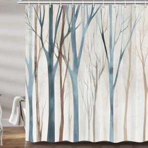 MERCHR Brown Blue Tree Fabric Shower Curtain, Art Style Abstract Birch Forest Rustic Wood Polyester Fabric Waterproof Bath Curtain, Farmhouse Bathroom Shower Curtains with Hooks 72X72 inch