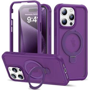 UTPPVX Compatible with iPhone 15 Pro Max Case with Magnetic Ring Stand [Compatible with Mag-Safe] [Built-in Screen Protector] Military-Grade Shockproof Translucent Matte Phone Case, Dark Purple
