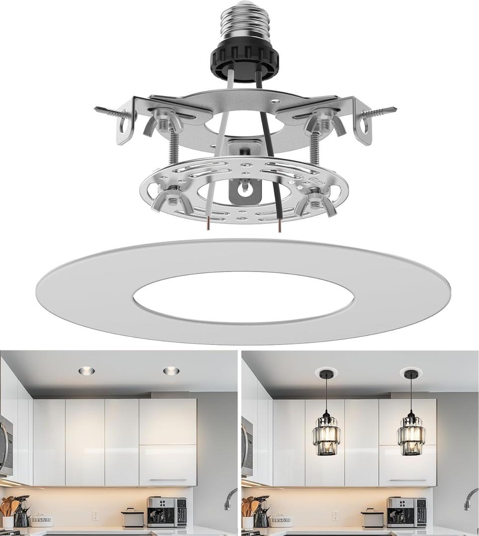 Recessed Can Light Conversion Kit for 5" and 6" Ceiling Fixtures - Pendant/Hanging Light Upgrade, Compatible with Ceiling Fans, Includes 7" Flat Steel Medallion, White Finish