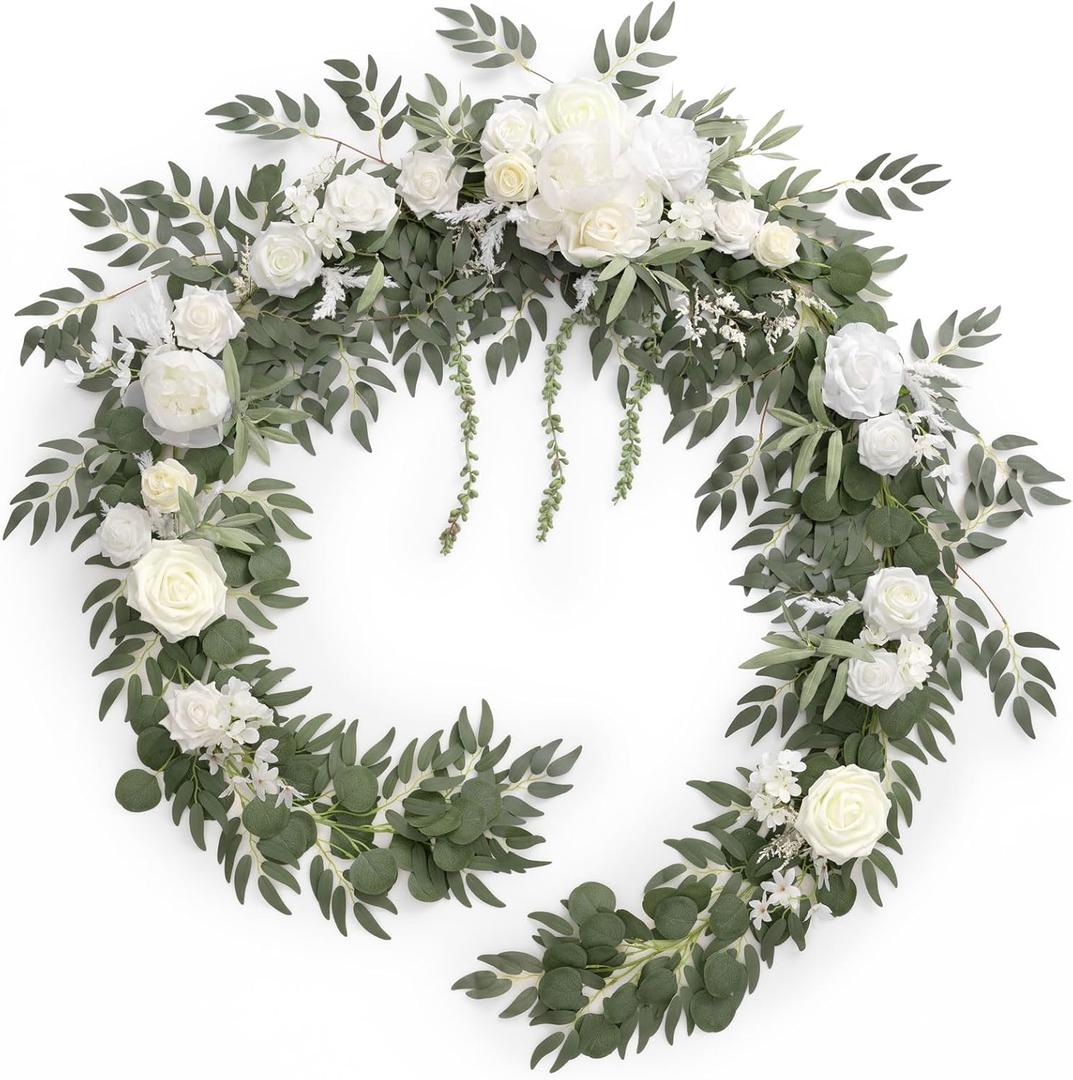 Ling's moment 9FT Spring Flower Garland for Backdrop Decorations - Wedding Arch Flowers, Eucalyptus & Rose, Artificial Floral Garland for Mantel - Sweetheart Table Decor for Reception, White & Sage