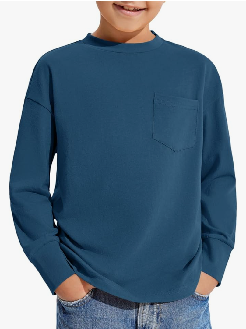 Haloumoning Boys Long Sleeve Shirts Kids Fashion Crewneck Side Slit Tops Tees with Pocket, 5-14 Years