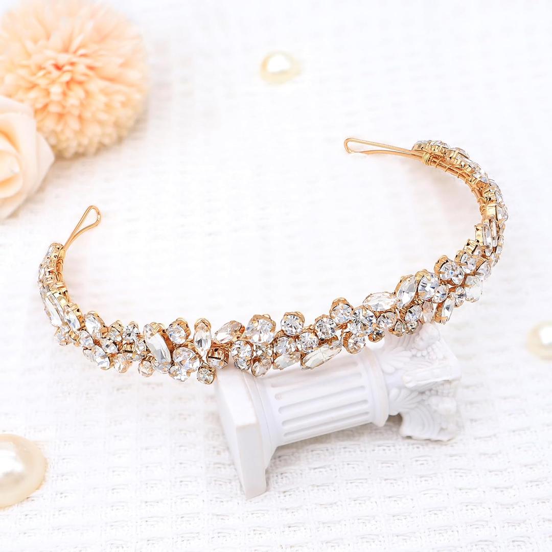 Oriamour Crystal Wedding Headband For Women Bridal Hair Accessories Bridal Headpieces For Girls Rhinestone Hairband For Birthday, Party, Prom (Gold)