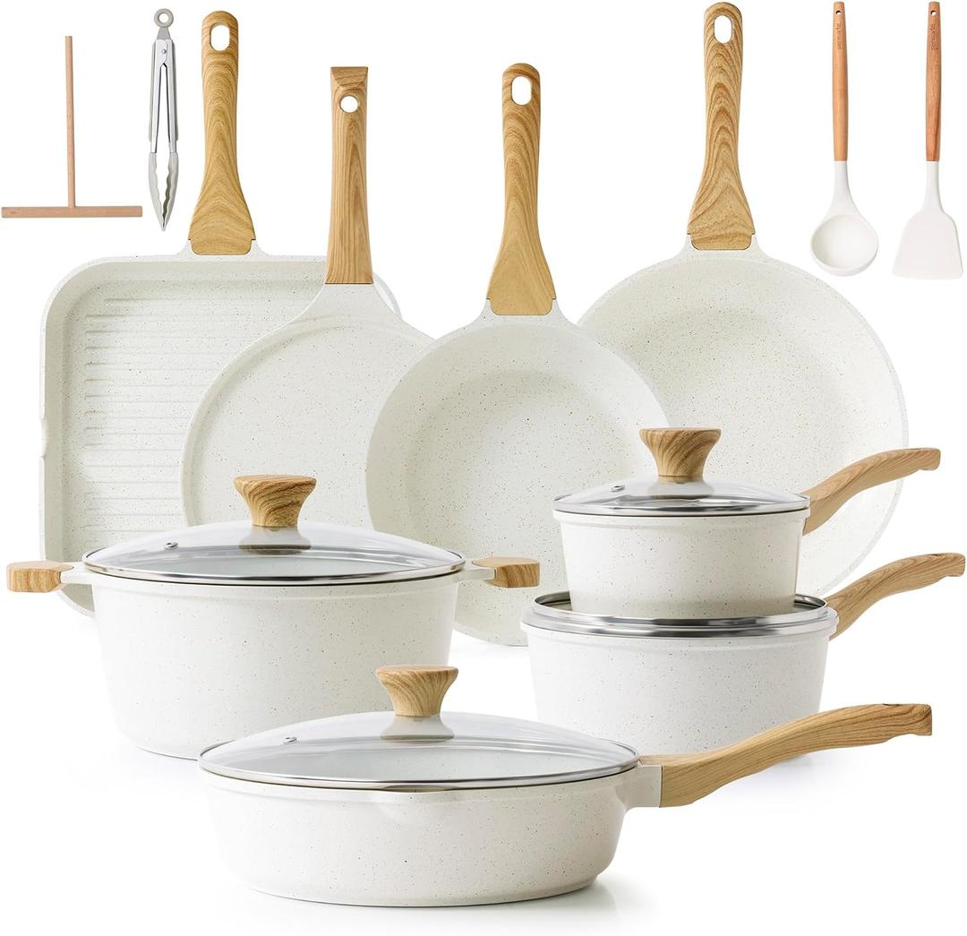 SENSARTE Nonstick Ceramic Cookware Set, 23 PCS Pots and Pans Non Toxic, PFAS & PFOA Free, Non Stick Healthy Kitchen Cooking Set with Stay-Cool Handles, White, Large