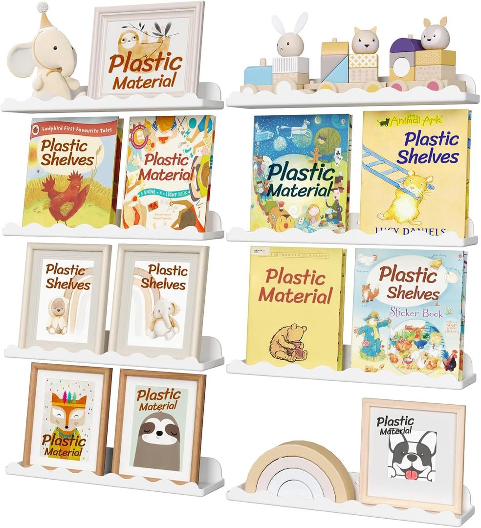 Lifewit Plastic Nursery Floating Book Shelves 8 Pack, 15"x3.4" White Clouds Plastic Wall Shelf for Bedroom Kids, Hanging Bookshelf Racks for Baby Toddler Children Room Decor
