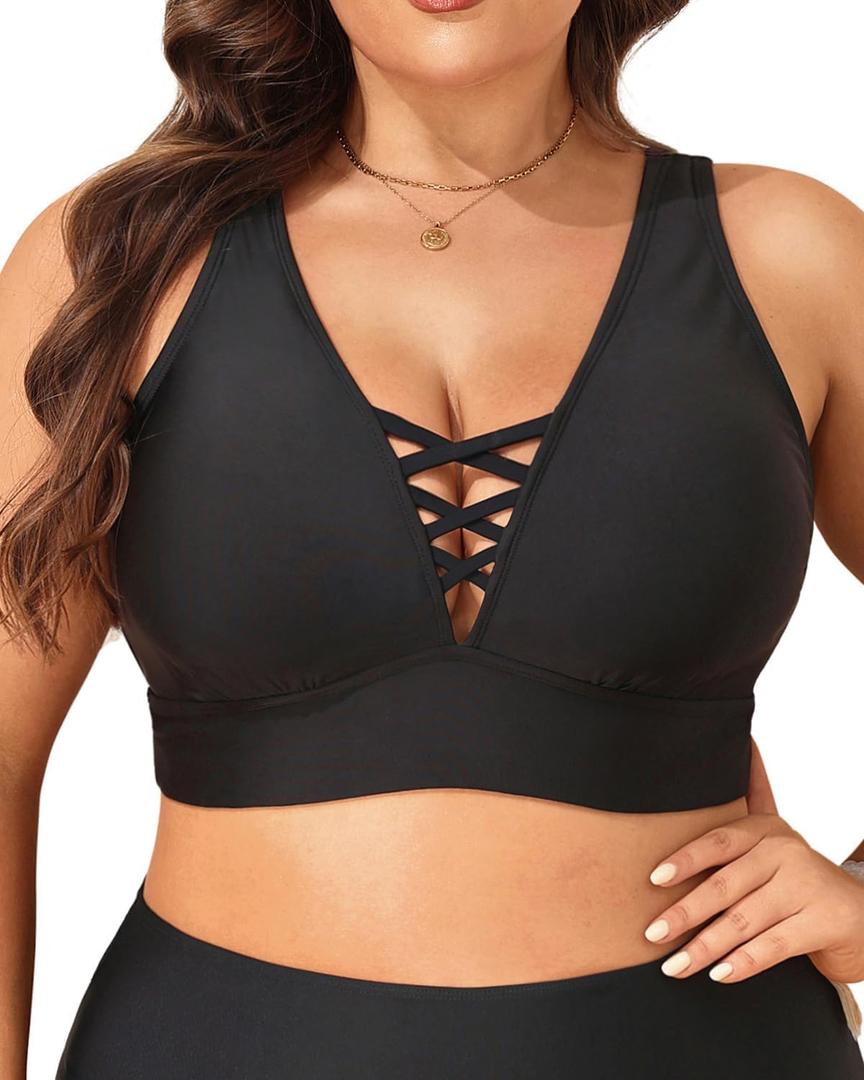 Plus Size Bikini Top Only - Women Swim Bra Lace Up Swimsuit Top V Neck Bathing Suit Tops for Large Bust Swimwear 2025 (Black)