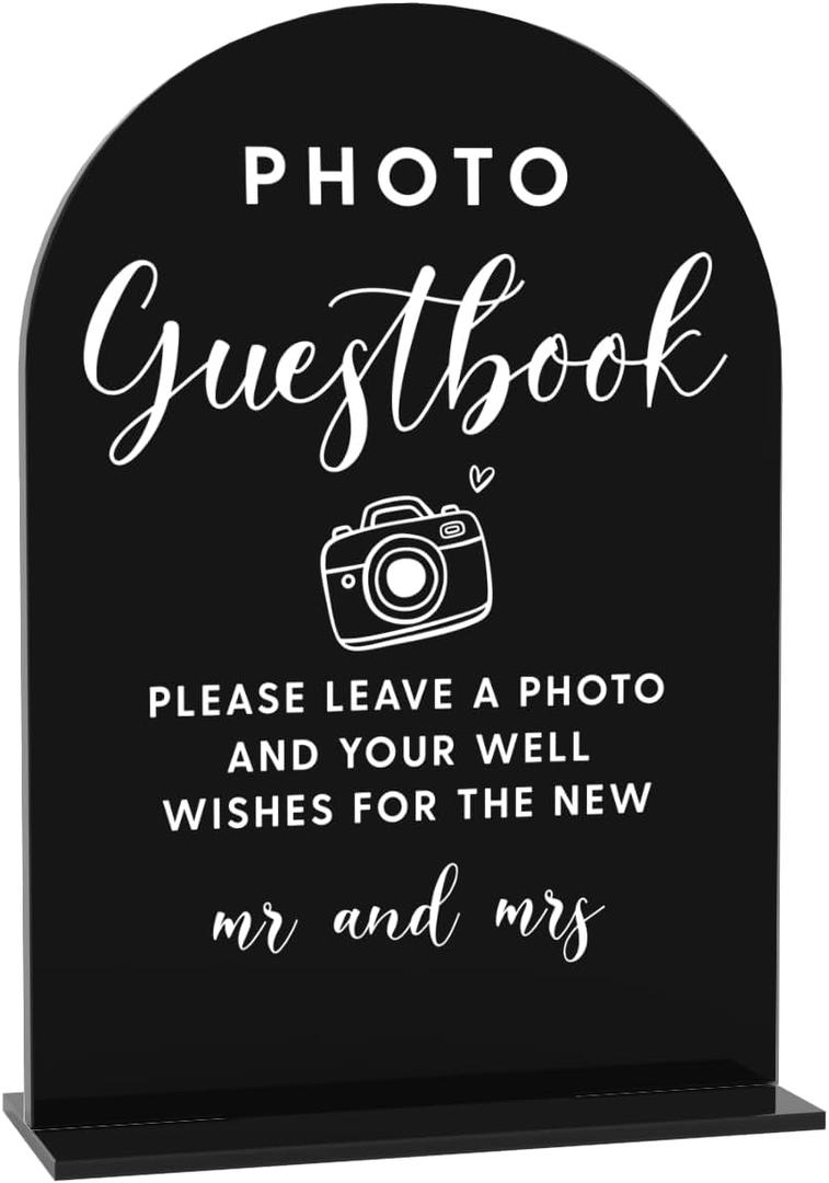 4 x Acrylic Wedding Signs, Photo Guestbook Signs for Marriage Reception, Bridal Shower Decorations, Modern Arched Round Top Acrylic Table Top Sign with Holder for Wedding Party Dinner (Black)