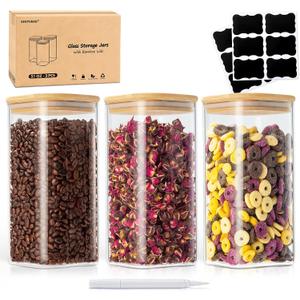SENTVEND 51 Oz Glass Storage Jars with Bamboo Lids - 3 Pack Clear Glass Canisters Square Airtight Stackable Ideal for Pantry Storage Containers Great for Storing Oats Coffee Beans Pasta Flour Rice etc