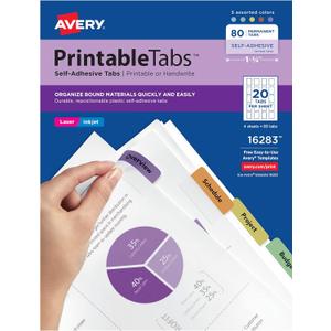 Avery Printable Self-Adhesive Plastic Tabs, 1-3/4", Repositionable Adhesive, Assorted Colors, Pack of 80 (16283)