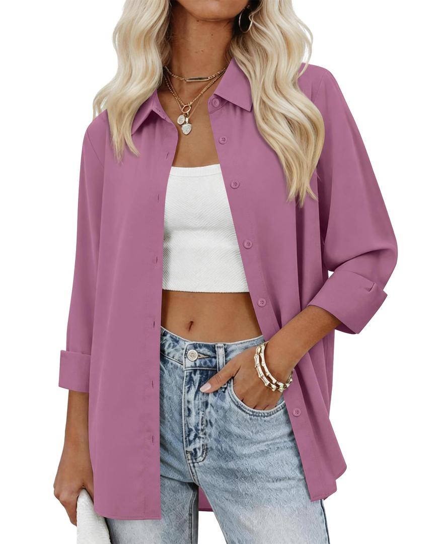 Womens Oversized Button Down Shirts Long Sleeve Chiffon Blouse Tops, Purple (Purple, M)
