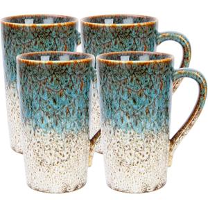 20oz Porcelain Coffee Mugs Set of 4, Large Tall Coffee Mugs with Handles, Modern Ceramic Coffee Cups for Tea, Cocoa, Milk, Gifts for Women Men - White & Blue