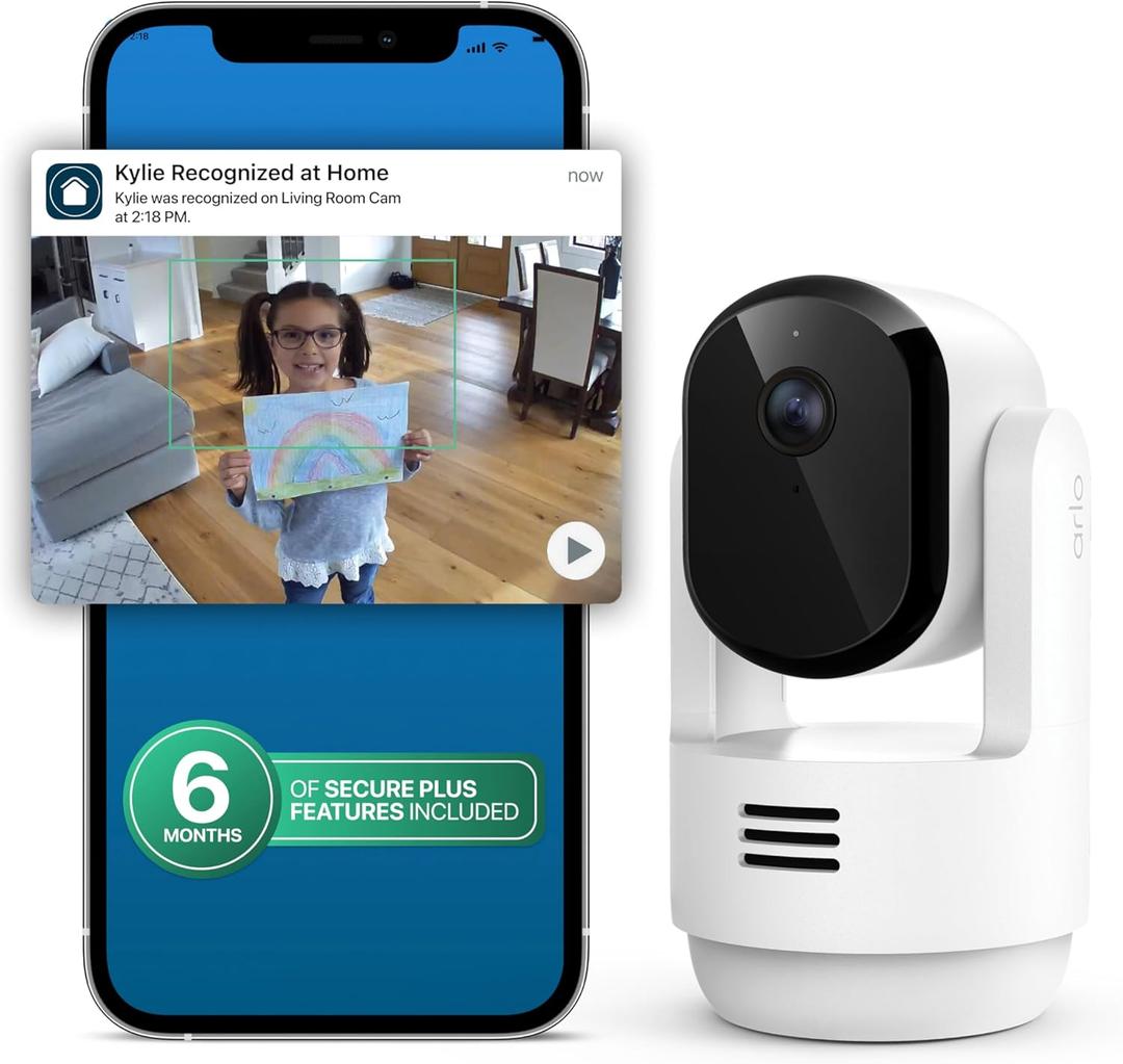 Arlo Essential Indoor Pan Tilt Security Camera 2K (2025 Release)  Wired Plugin Power, Person Recognition, Animal Detection, Animated Preview, 1Month Secure Plan, Auto Motion Tracking, 1 Cam, White