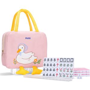 drizzle Pink 24mm Travel Mahjong Game Set Mini Duck - 0.9" Portable 144 Tiles - 4Pcs Racks Melamine Material Mah-Jong Family Leisure Time 2.76 Pounds -