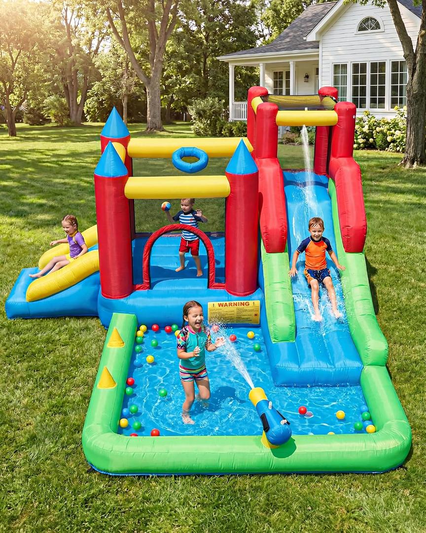 9-in-1 Inflatable Bounce House with Water Slide for Kids Ages 36, Wet or Dry Bouncy Castle with Trampoline, Climbing Wall, Ball Pit and Play Cannon for Indoor/Outdoor Backyard Play