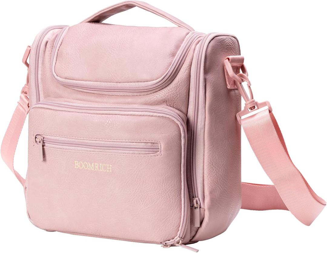 Large Toiletry Bag for Women, Hanging Leather Travel Makeup Bag with 360 Hook and Shoulder Strap, Travel Organizer for Full Sized Container, Toiletries, Brushes (Pink)