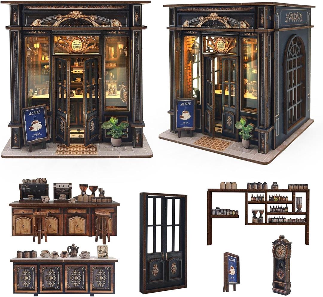 Book Nook Kit DIY Miniature House Kit for Adults,3D Wooden Puzzle Bookends Bookshelf Diorama Dollhouse,Gifts for Teens and Beginners,Gifts for Family,Friends,Book Lovers(Jadeite Coffee)