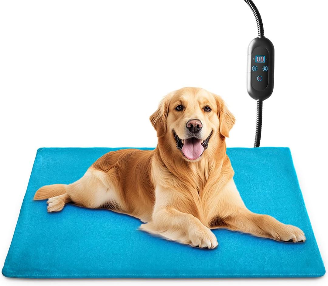 Pet Heating Pad with 6 Adjustable Temperature Settings, Heated Cat Mat with Built-In Smart Thermostat, Chew-Resistant Cord, Removable & Washable Plush Cover, Waterproof Material, 27.5 x 15.7 Inches (Large)