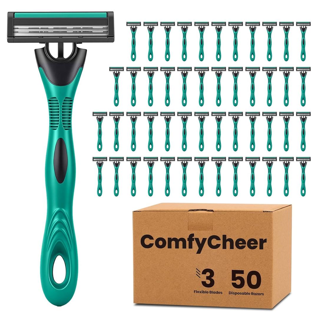 50 count Disposable Razors for Men,3-Blade Razors,Bulk Stainless Steel Shavers with Lubricating Strip for Shaving Sensitive Skin