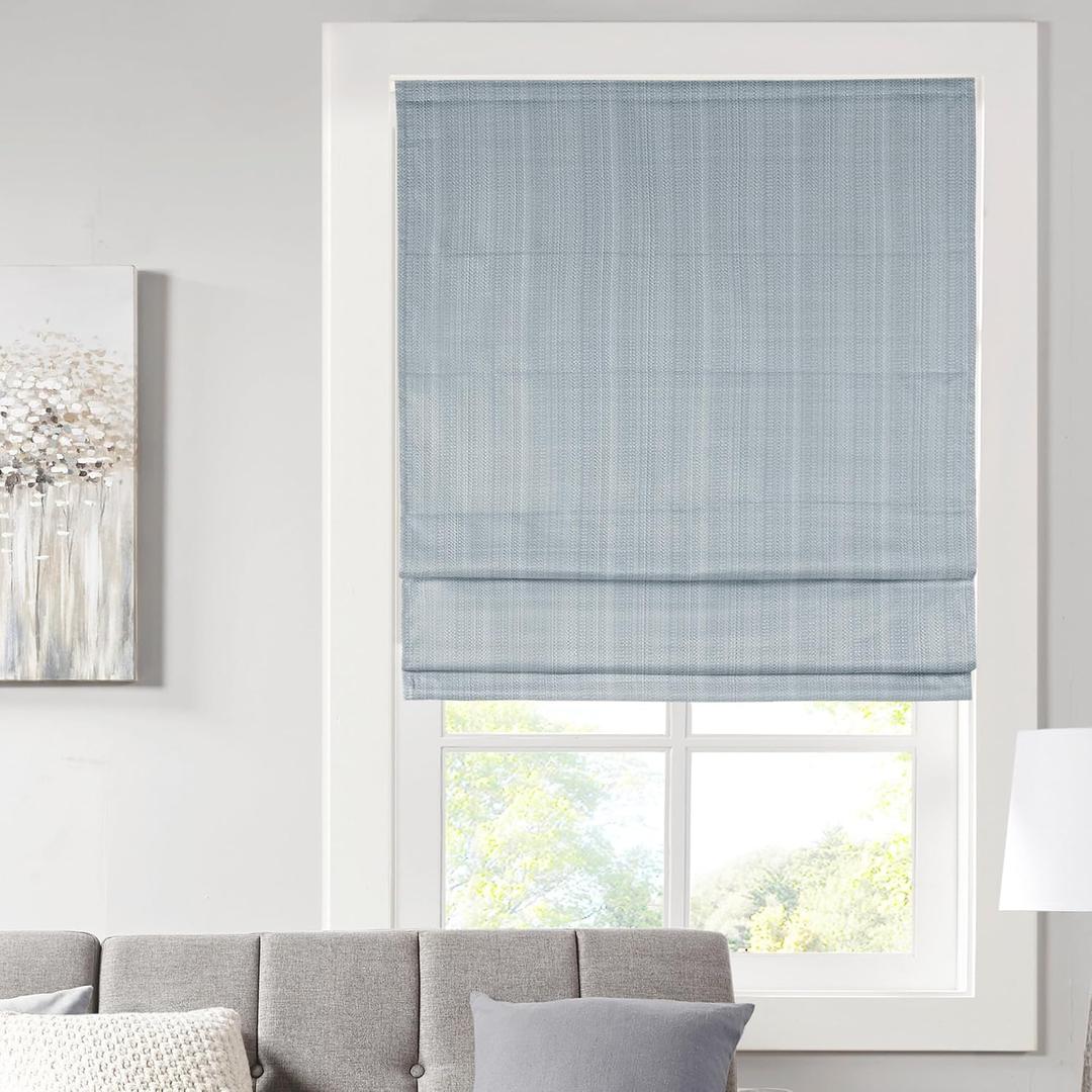 Madison Park Galen Cordless Roman Shade, 31"W x 64"H, Sheen Blue Room Darkening, Thermal Insulated, Energy Efficient Window Blind with Subtle Sheen Basketweave Fabric for Privacy
