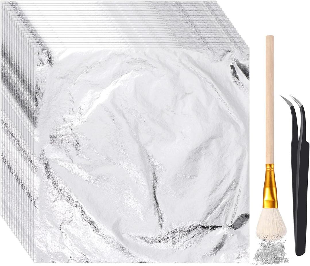 Cunhill 200 Pcs Gold Leaf Sheets for Art Foil Paper Leaf Art Foil Sheets Gilding Brush Thin Paper Craft for Painting Gilding Crafting Decoration,5.5 x 5.5 Inches(Silver)