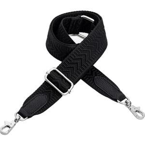 Purse Strap Replacement Crossbody, 1.5 in Wide Embroidered Canvas Shoulder Strap for Handbags & Purses, Adjustable Length, Black (Silver Hardware)