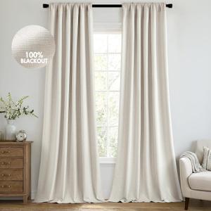 MIULEE 100% Blackout Curtains 102 Inch Long 2 Panels Set for Bedroom, Thick Luxury Faux Linen Black Out Curtain Room Darkening Back Tab Pleat Window Textured Drapes with Hooks for Living Room, Birch, 50"W x 102"L