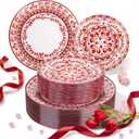 Hioasis 60pcs Red Plastic Plates Set - Floral Red & White Porcelain Design, 10.25" Dinner & 7.5" Dessert Plates Disposable for Christmas (Dishwasher Safe, Traditional Style) Perfect for Mothers Day