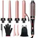5 in 1 Curling Iron & Thermal Brush Set with 4 Interchangeable Ceramic Barrels (0.35”-1.25”) Fast Heat Dual Voltage Travel Hair Tools Birthday Gift for Women - Hair Curler Wand Kit for Curls & Blowout