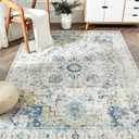 JINCHAN Area Rug 5' x 7' Washable Living Room Rug Vintage Indoor Large Floor Cover Distressed Lightweight Non-Slip Low Pile Thin Mat Accent Stain Resistant Carpet for Bedroom Dining Room Office Light Blue