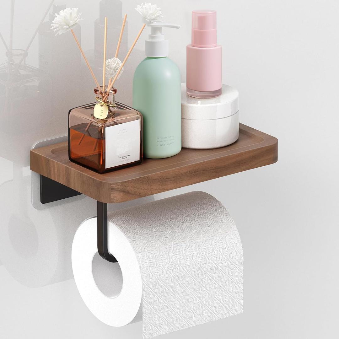 Toilet Paper Holder with Shelf,Upgraded Solid Walnut Toilet Paper Holder Wall Mount,Exquisite and Beautiful Space Aluminum Self-Adhesive Toilet Tissue Holder,Suitable for Bathroom,Kitchen