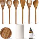 Kitchen Utensil Set, 8 pcs Wooden Cooking Utensils Spatula Set with Ceramic Holder (White Holder)