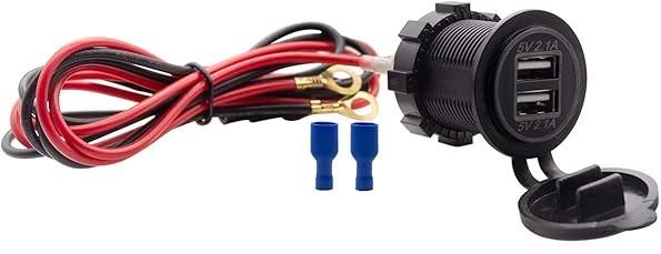 Dual USB Charger Socket Waterproof Power Outlet 12V/24V 2.1A & 2.1A for Car Boat Marine RV Mobile Blue LED (Black)