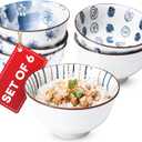 Japanese Rice Bowls Set of 6 - Porcelain Cereal Bowl in Vintage Blue White Design - Stackable Ceramic Dinner Set for Rice, Salad & Soup - Microwaveable & Oven Safe - 4.7"x2.6" per Bowl