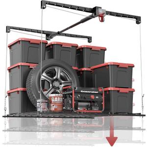 Overhead Garage Storage Rack for 10–12 FT Ceiling, Heavy-duty 4x4 FT Ceiling Storage Racks with Safety Lock, Ideal for Garage Storage Mounted Lift System and Storage Organizer, 250lbs Capacity