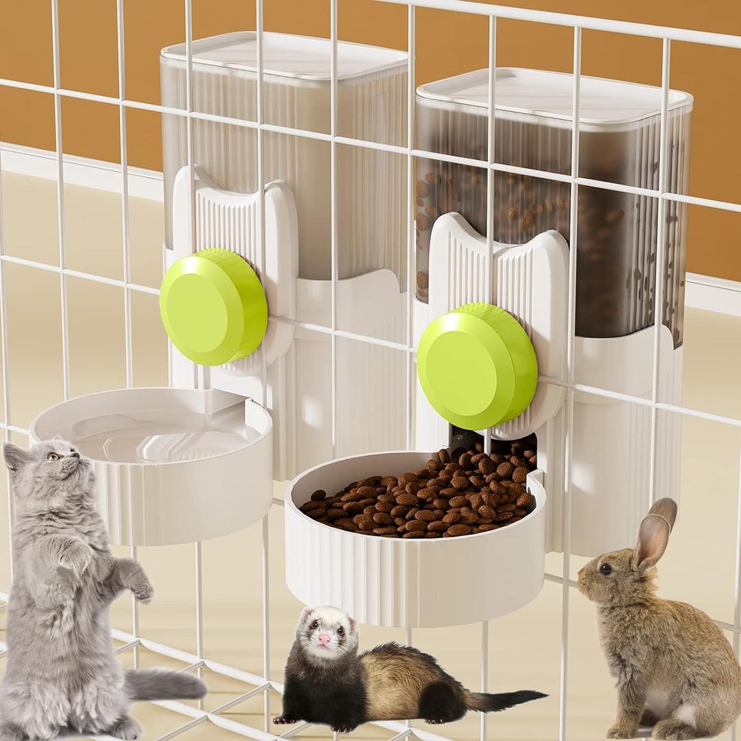 Rabbit Feeder for Cage,Hanging Automatic Cat Feeder and Water Dispenser,Ferret Cage Accessories,Food Water Bowl for Cats Rabbit Guinea Pig Cages(Cage Grid Spacing Over 1.2'') (White Green)