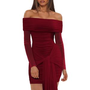 Ophestin Off The Shoulder Mesh Dress Long Sleeve Ruched Bodycon Dress for Women Tie Waist Dresses, Burgundy, Medium