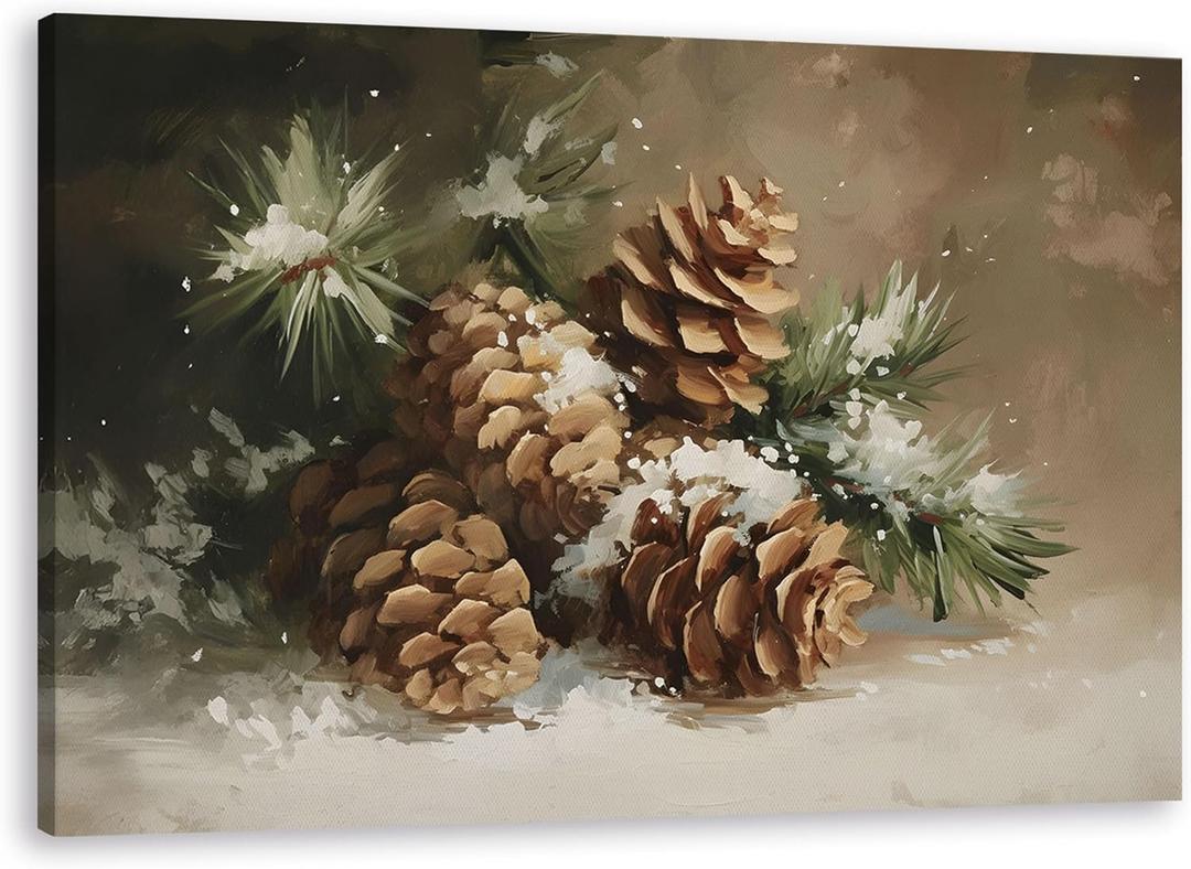 TLESKE Rustic Winter Pine Cones Pinecones Wall Art Decor, Vintage Christmas Canvas Wall Art Print for Farmhouse Bedroom Living Room, Aesthetic Winter Wall Artwork Picture, 16x24