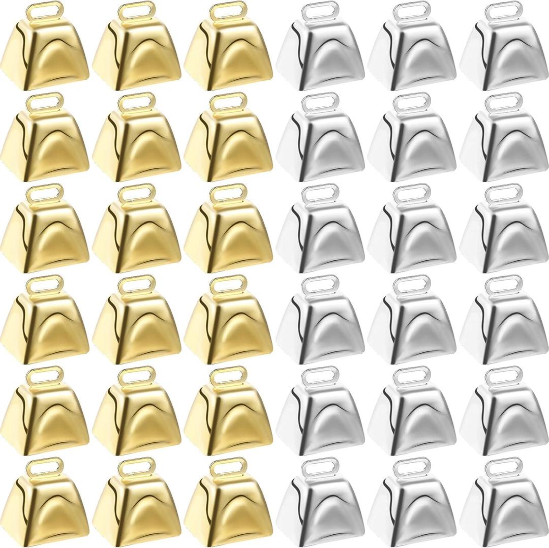 36 Pieces Mini Cow Bells for Crafts Christmas Small Cowbells with Hooks Decoration for Birthday Wedding Party Christmas Dog Cat Decor, Gold and Silver