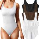 OQQ Women's 3 Piece Bodysuits Sexy Ribbed Sleeveless Square Neck Tank Tops Leotard 2025 Trendy Outfits (Black Coffee White, S)