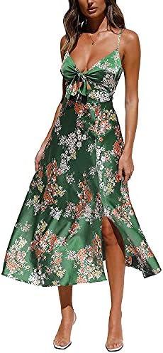 Fashionme Women Spaghetti Strap Midi Satin Dresses Tie Front Backless Split Summer Casual Floral Dress Hollow Flowy Slip Dress Sundresses Wedding Guest Beach Cocktail Graduation at Amazon Women's Clothing store, S