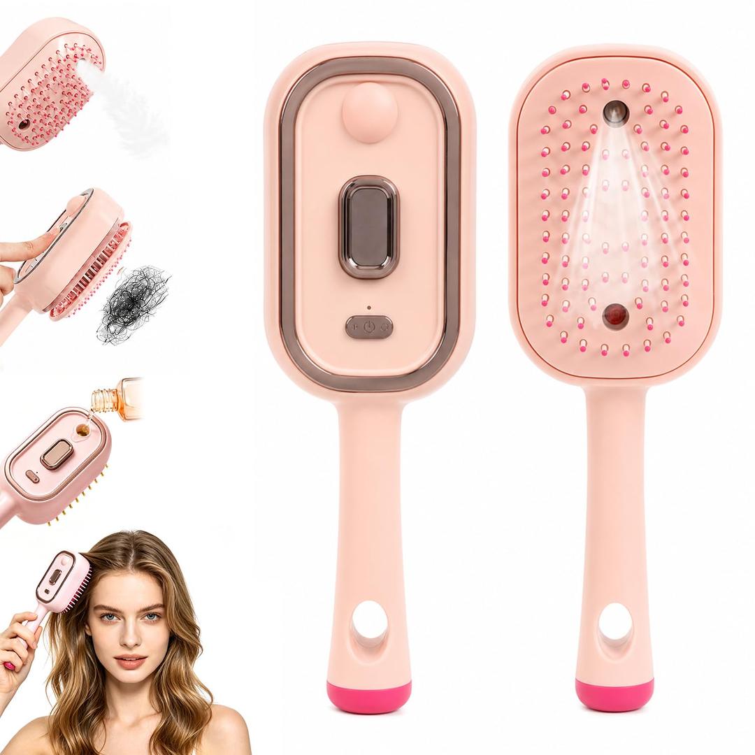 Electric Spray Air Cushion Massage Comb,5 in 1 Rechargeable Steam Brush for Hair,Self-Cleaning Detangling Anti-Frizz Hair Brush for Scalp Massage&Smooth Hair,Portable Travel Hairs Styling Tool(Pink)