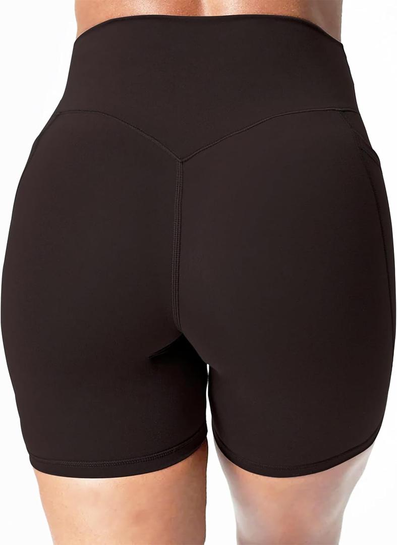 Tummy Control Biker Shorts with Pockets for Women,V Back,No Front Seam,Hidden Scrunch 6 Inch Plus Size (Black, M)