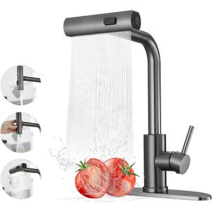 Kitchen Faucets with Pull Down Sprayer,Waterfall Kitchen Sink Faucet,Commercial Utility Stainless Steel Kitchen Faucets,Single Handle Kitchen Sink Faucet with Pull Down Sprayer for 3 Function,Grey (Gray)
