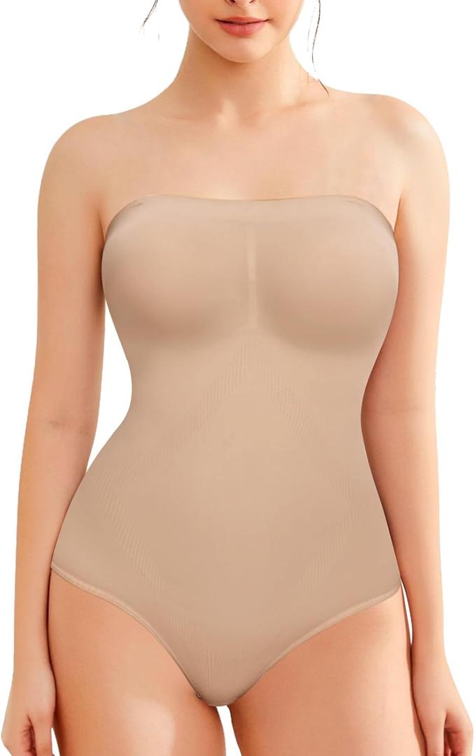 Strapless Shapewear Bodysuit for Women Tummy Control, Seamless Tube Top Bodysuit Body Shaper Off Shoulder Leotard (Large, Beige)