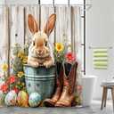 Easter Bunny Shower Curtain Farmhouse 72x72 Inch Funny Spring Cute Rabbits Eggs Western Boots Flower Floral Rustic Wooden Bath Curtain, Bath Decor Waterproof Fabric Bathtub Curtains 12 Hooks