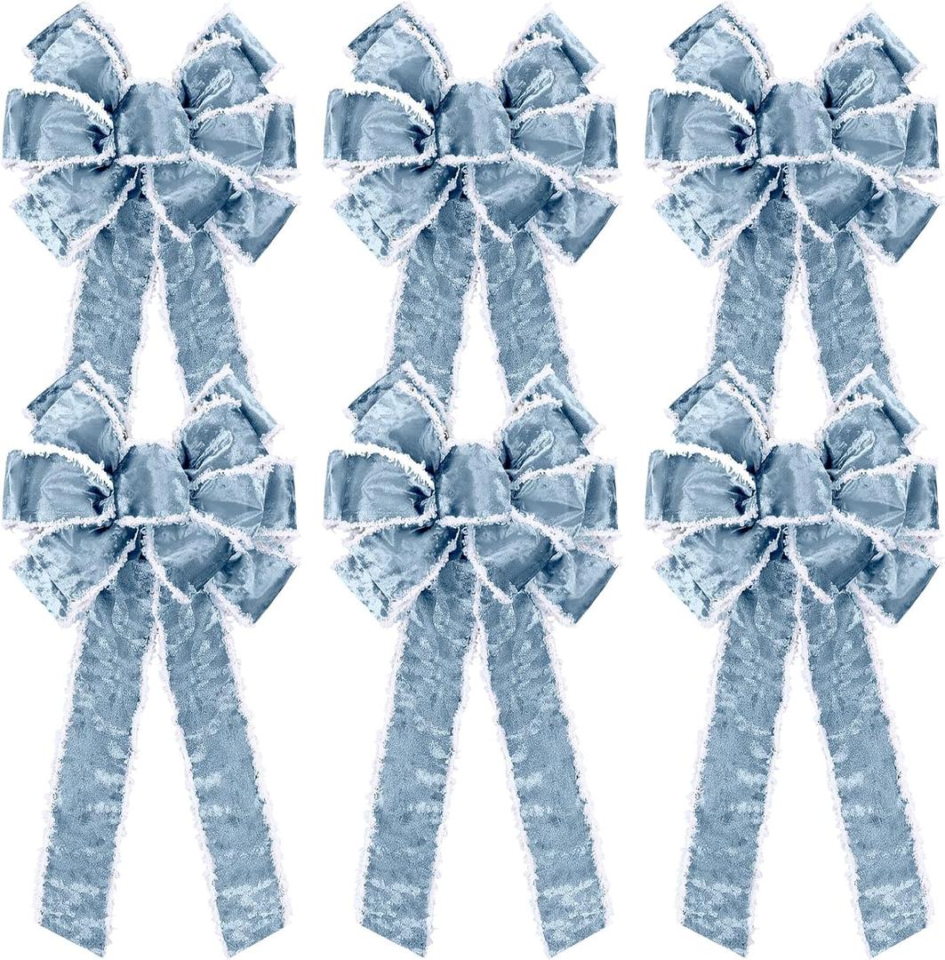 Unittype 6 Pieces Large Christmas Bow Decoration 10 x 20 Inch Velvet Wired Ribbon Christmas Tree Topper Bow Xmas Embellishment Craft for Wreath Party Favors Indoor Outdoor Home(Light Blue)