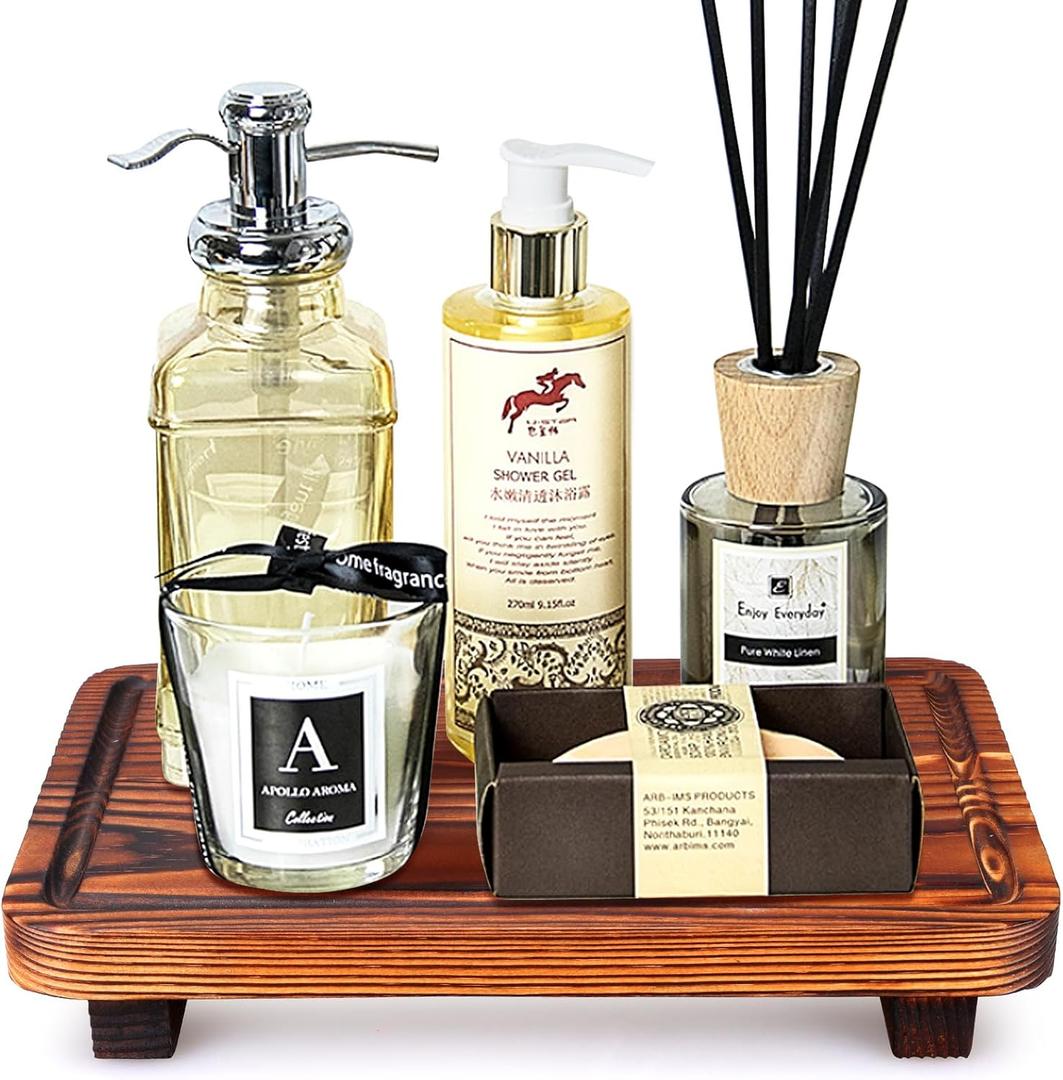Farmhouse Bathroom Counter Tray Wood Risers Display Stands Kitchen Countertop Trays Decorative Wooden Pedestal Stand Dish Soap Dispenser Holder for Bathroom Sink Accessories Kitchen Decor Vanity Tray (12x6.7 inch, Brown)